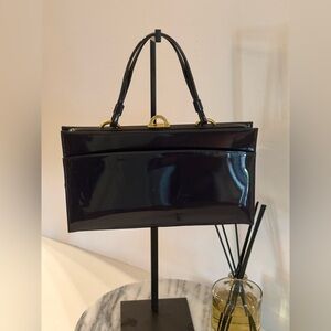 Vintage Elegant Crown Lewis Patent Leather NAVY Handbag. Shiny. Two Top Handles
